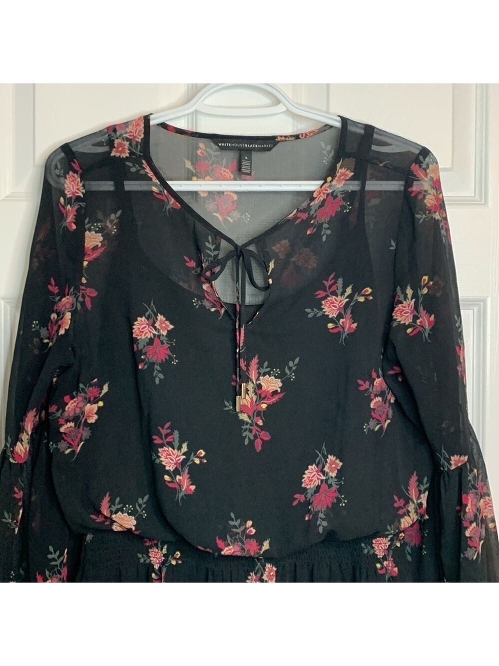 White House Black Market Black Floral Dress Bell Sleeve Pink Size Small Sheer - Picture 5 of 13